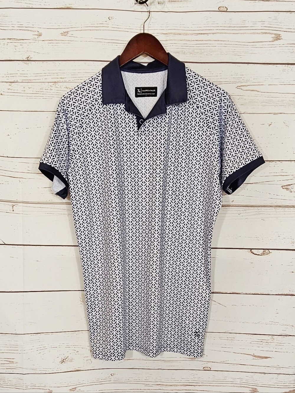 Tailored Athlete | Navy Blue Printed Open Collar Performance Polo Shirt